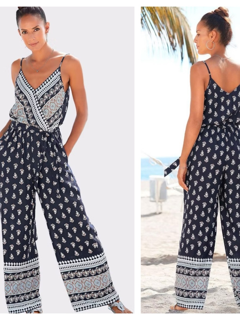 Lascana Patterned Navy Sleeveless V-Neck Wide-Leg Jumpsuit Tie Waist Boho SZ 8